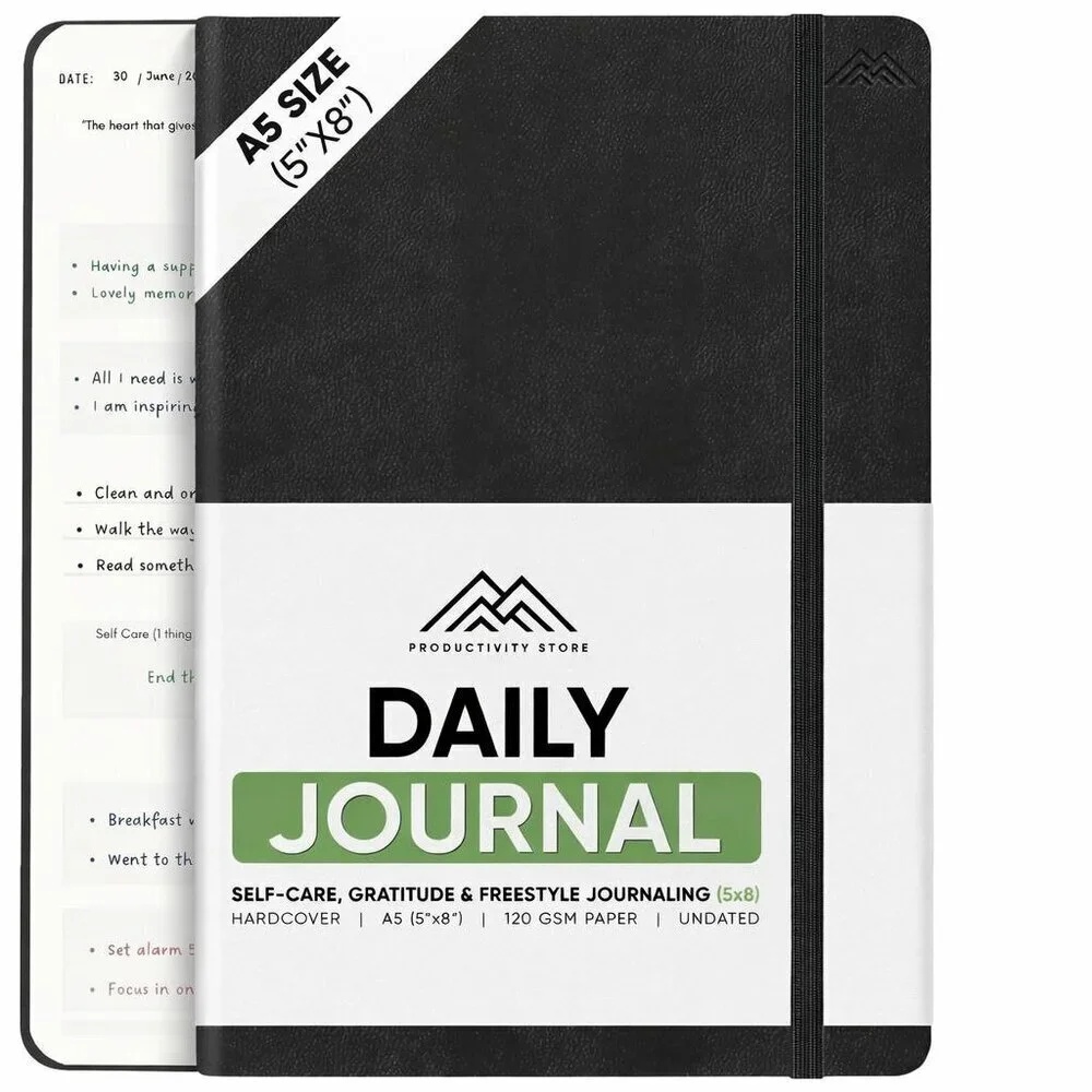 Daily Gratitude Journal A5 Undated Self Care Planner w/ Prompts Black